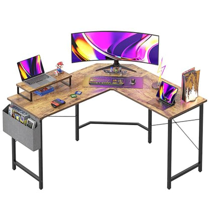 CubiCubi L Shaped Gaming Desk, 47.2 inch Computer Corner Desk with Monitor Shelf for Home Office Study Writing Workstation, Rustic Brown - WoodArtSupply