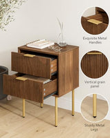Masupu Night Stand,Mid-Century Modern Bedside Table with 2 Storage Drawer,Small Gold Frame Side End Table for Bedroom,Living Room, Walnut Masupu