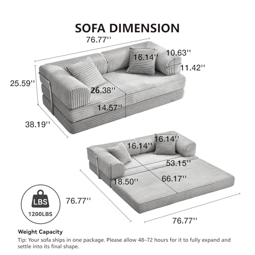 TuckMoMo 76.77 Inch Convertible Sofa Bed, Modern Corduroy Futon Boneless Couches Lounge Loveseat with Side Storage Pocket, Pull Out Sofa Bed for Living Room, Bedroom, No Assembly Required, Grey TuckMoMo