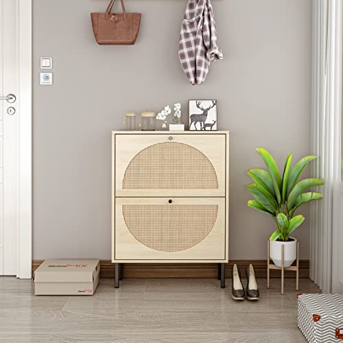 ZeHuoGe Natural Rattan Shoe Cabinet with 2 Flip Drawers, Entrance Hallway Free Standing Shoe Racks with Metal Legs for Heels, Slippers (Natural) - WoodArtSupply