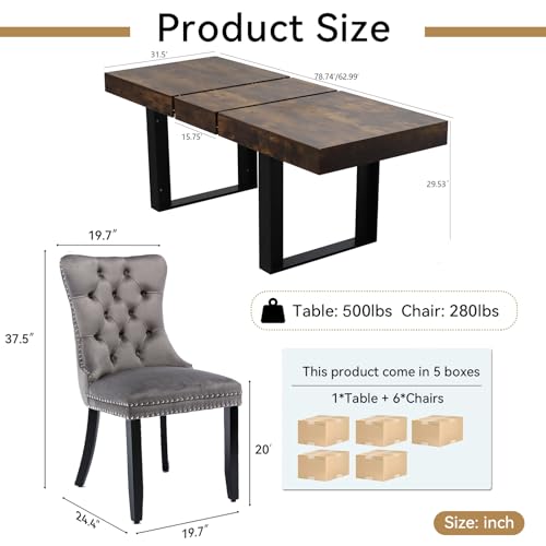 Goujxcy 7-Piece Extendable Dining Table Set for 6, 63-78 Inch Rustic Brown Kitchen Table Set with 6 Grey Tufted Chairs Farmhouse Wood Expandable Dining Room Table Set 6 for Kitchen Dining Goujxcy
