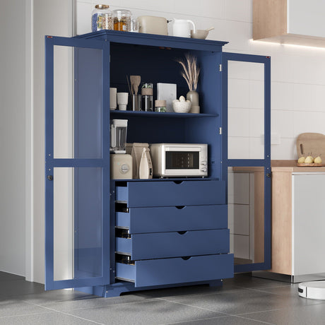 Kitchen Pantry, Freestanding Kitchen Storage Cabinet Display Cabinet With Glass Doors And 4 Built In Drawers For Living Room, Home Office - Blue HouseOfZazla