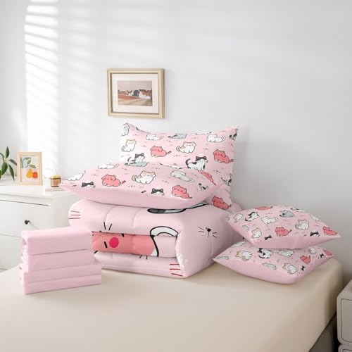7-Piece Cute Cat Bedding King Size Cartoon Animal Bed in a Bag, Kawaii Kitten Comforter Set for Kids Boys Girls Pet Themed Comforter, Fitted Sheet, Top Sheet, Pillowcases and Throw Pillow Covers, Pink Erosebridal