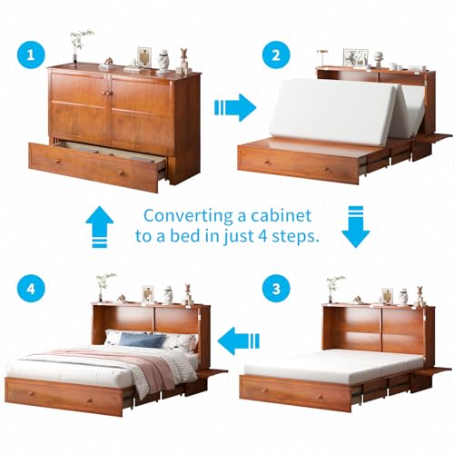 Mjkone Queen Murphy Bed, Cabinet Bed with Tri-fold Mattress/Built-in USB Charging Station/Drawers/Bedside Panel, Space Saving Hidden Adult Guest Beds, Murphy Chest Cabinet Beds for Bedroom - Cherry Mjkone