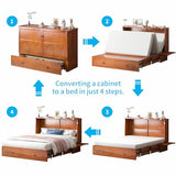 Mjkone Queen Murphy Bed, Cabinet Bed with Tri-fold Mattress/Built-in USB Charging Station/Drawers/Bedside Panel, Space Saving Hidden Adult Guest Beds, Murphy Chest Cabinet Beds for Bedroom - Cherry Mjkone