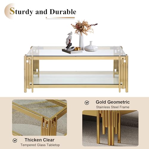 Goujxcy Gold Coffee Table Set of 4 Luxury 2-Tier Black Glass Coffee Table Console Table & 2 End Table w/Mirrored Stainless Steel Frame 4 Pieces Living Room Table Set for Home Office Goujxcy