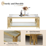Goujxcy Gold Coffee Table Set of 4 Luxury 2-Tier Black Glass Coffee Table Console Table & 2 End Table w/Mirrored Stainless Steel Frame 4 Pieces Living Room Table Set for Home Office Goujxcy