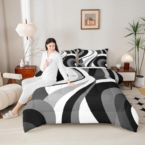 Gray Black White Spiral Queen Comforter Set for Adult Women Men Modern Swirls Stripes Abstract Bedding Set for Minimalists Boho Aesthetic Geometric Bed Sets Graffiti Art Lines Quilt Sets Erosebridal