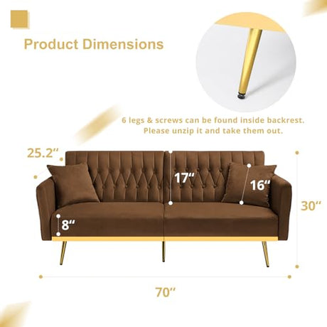 ACMEASE 70” Velvet Futon Sofa Bed with 2 Pillows and Adjustable Armrests, Convertible Sleeper Bed W/Adjustable Backrests, Modern Loveseat for Living Room, Bedroom, Brown ACMEASE