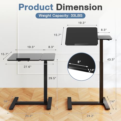 DUMOS Overbed Bedside Table Adjustable with Wheels, Mobile Standing Stand Up Rolling Laptop PC Desks with Tilting Top Height Tray Sofa Side Computer Workstation for Bedroom on Hospital Home Use, Black DUMOS