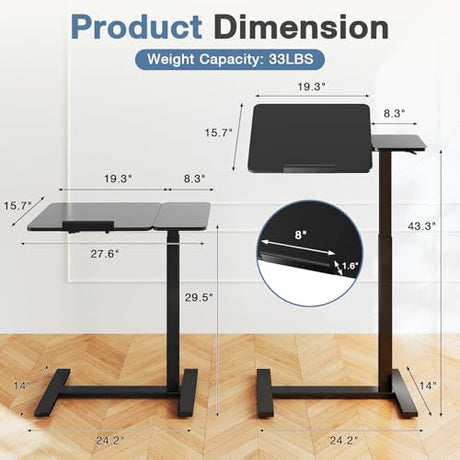 DUMOS Overbed Bedside Table Adjustable with Wheels, Mobile Standing Stand Up Rolling Laptop PC Desks with Tilting Top Height Tray Sofa Side Computer Workstation for Bedroom on Hospital Home Use, Black DUMOS
