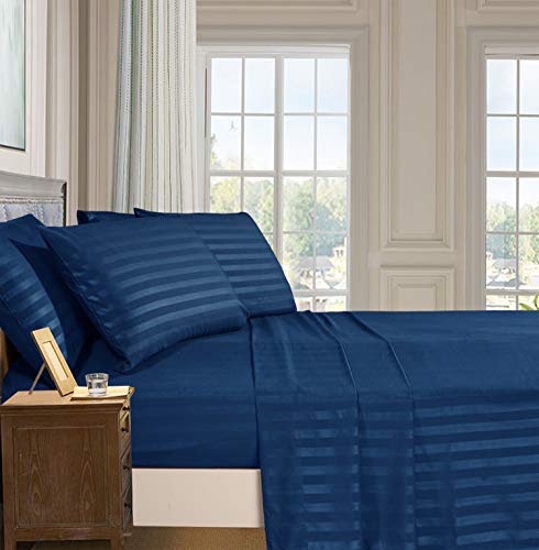 Elegant Comfort Best, Softest, Coziest 6-Piece Sheet Sets! - 1500 Premier Hotel Quality Luxurious Wrinkle Resistant 6-Piece Damask Stripe Bed Sheet Set, Queen Navy Blue Elegant Comfort