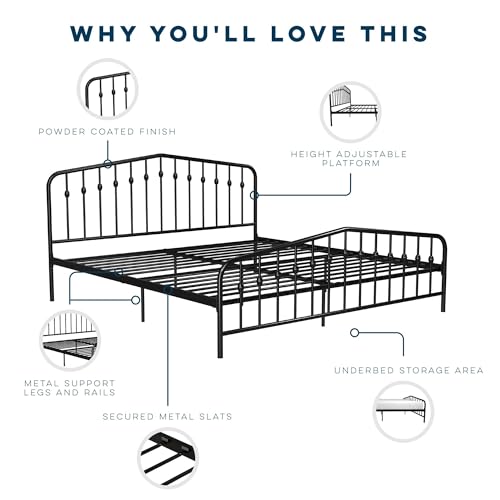 Novogratz Bushwick Modern Metal Bed, Slightly Triangular Headboard and Footboard with Inset Spindles, Adjustable Base Height for Underbed Storage, Requires No Box Spring, King Size - Black Novogratz