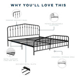 Novogratz Bushwick Modern Metal Bed, Slightly Triangular Headboard and Footboard with Inset Spindles, Adjustable Base Height for Underbed Storage, Requires No Box Spring, King Size - Black Novogratz