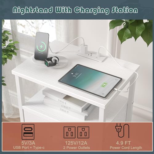 sthmec Nightstand with Charging Station,LED White Nightstands with 5 Fabric Drawers PU Finish, Bedside End Tables, 2-Tier Open Storage Shelf Side Table Nightstand with Drawers for Bedroom,White sthmec