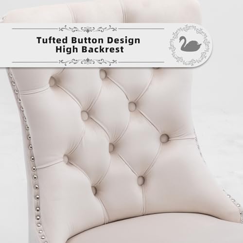 SoarTalent Velvet Upholstered Dining Chairs Set of 2, Modern Style Kitchen Side Chairs with Nailhead Trim and Wood Legs,Metal Pulling Ring for Dining Room Living Room(Beige,Set of 2) SoarTalent