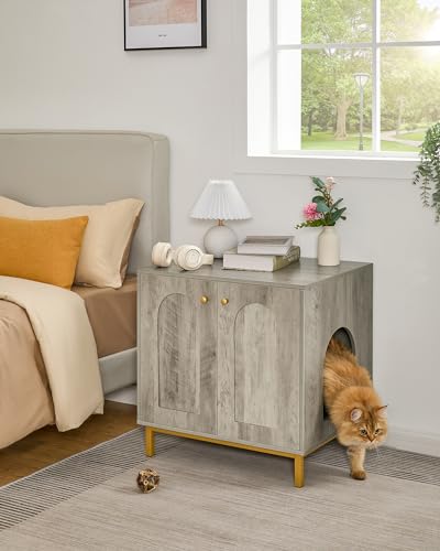 Hzuaneri Cat Litter Box Enclosure, Hidden Litter Box Furniture, Wooden Pet House Side End Table, Storage Cabinet Bench, Fit Most Cat and Litter Box, Living Room, Bedroom, Greige and Gold CB81205G Hzuaneri