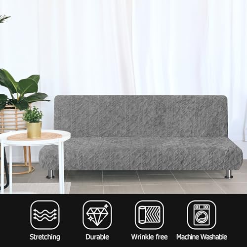 SmoothNovelty Armless Futon Cover Geometric Jacquard Plush Cover Stretch Sofa Bed Slipcover Furniture Protector Without Armrests with Elastic Bottom, Soft Jacquard Fabric Small Checks, Gray SmoothNovelty
