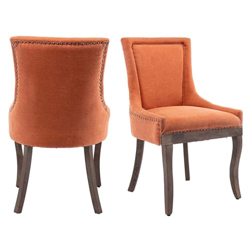 Aoowow Fabric Farmhouse Upholstered Side Chairs Set of 2, Vintage Solid Wood Kitchen Dining Room Chairs with Nailheads Solid Wood Legs (Orange) - WoodArtSupply