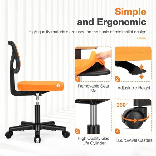 Sweetcrispy Small Office Chair, Ergonomic Low-Back Mesh Rolling Work Swivel Chairs with Wheels, Armless Comfortable Seat Lumbar Support for Home, Bedroom, Study, Student, Adults,Classic Orange Sweetcrispy