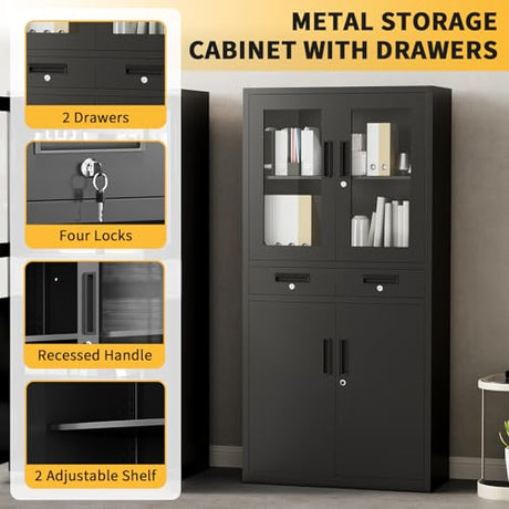 BouPower 71" Black Metal Storage Cabinet with Glass Doors, Garage Storage with 2 Drawers + 2 Adjustable Shelves, Heavy Duty Tool Cabinet with Locking Doors for School, Workshop, Office, Black BouPower
