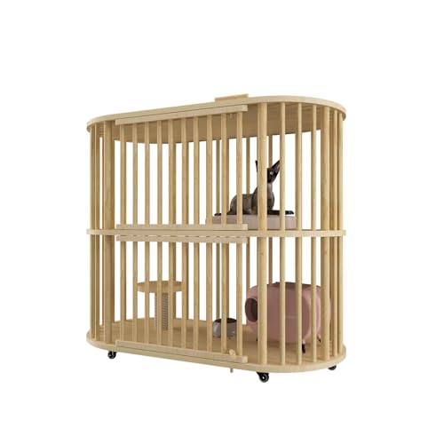 Wooden Cat House Large Cat-Cage - Cat Furniture with Scratching Post, Large Capacity Cat Villa with Wheels and Escape Door for Homes Pet Stores Pet Hospitals Cats - WoodArtSupply