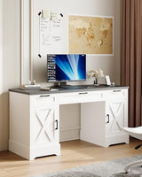 HOPUBUY Farmhouse Executive Desk with File Drawers,Wood Home Office Desk w/Charging Station,Adjustable Storage Cabinets,White Computer Writing Desk for Work,Study HOPUBUY