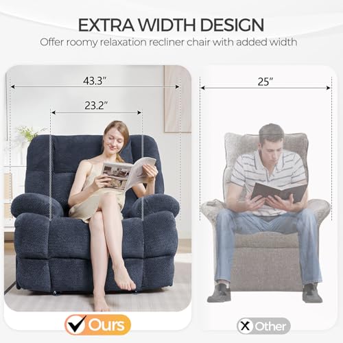 Oversized Power Zero Gravity Recliner Chairs for Adults, Electric Reclining 0 Gravity Chair for Big Man,Soft Fabric Overstuffed Single Recliners with USB Charger Port for Living Room, Blue