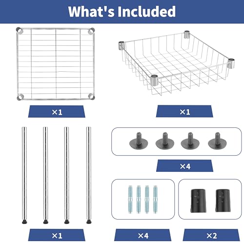 YSSOA Heavy Duty Shelving Unit, Wire Metal Stackable Storage, 2-Tier Shelf, with Basket, Chrome, 15" W x 13.8" D x 15" H - WoodArtSupply