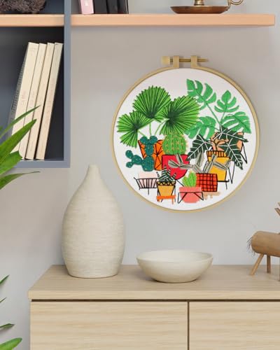 ERKOON Embroidery Kit for Beginners, Flower Cross Stitch Set for Include Embroidery Cloth Hoops Threads for Craft Lover Hand Stitch with Embroidery Skill Techniques (Greenery) ERKOON