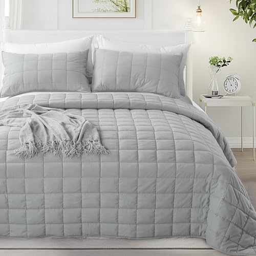 KASENTEX Oversized Queen Quilt Set 102"x106" – Soft Washed 3-Layer Lightweight Bedspread, Minimalist Nordic Design, All-Season Spring & Summer Quilt Set (1 Quilt + 2 Pillow Shams), Silver Grey KASENTEX