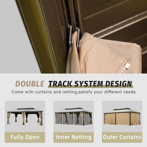 Domi Hardtop Gazebo 12x18FT, Outdoor Gazebo with Galvanized Steel Double Roof, Aluminum Frame, Built-in Gutter System, Curtain and Netting, Metal Gazebo Pavilion for Patio Deck Garden, Brown domi outdoor living
