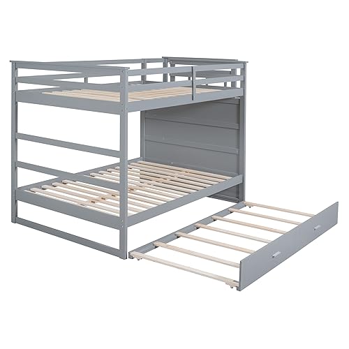 Full Over Full Bunk Bed with Trundle & Drawers & Storage Staircase,Wooden Full Triple Bunk Bed Frame with Full-Length Safety Guardrails and Headboard for Kids Teens Bedroom,Wood Slat Support,Gray Harper & Bright Designs