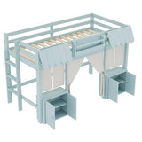 Harper & Bright Designs Twin Size Low Loft Bed for Kids, Solid Wood Loft Bed Frame with Built-in Bookshelf, Storage Shelf, Curtain, Guardrail and Ladder for Boys Girls, Easy Assembly, Light Blue Harper & Bright Designs