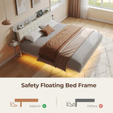 Salamir King Size Bed Frame with LED & Charging Station, Floating Bed Frame, Upholstered Headboard with Folding Shelves Storage, Metal Slats Support, No Box Spring Needed, Easy Assembly, White Salamir