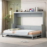 Merax Queen Horizontal Murphy Bed with Hydraulic Lift & Desk, Wood Grey Murphy Bed Cabinet Folding Murphy Chest Bed Queen Size Adults Murphy Bed Merax