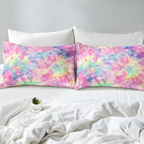 Erosebridal Kids Tie Dye Pink Bed Sheets Girls Bohemian Batik Sheet Set 4 Pcs King Size, Boho Psychedelic Sheets Set + Deep Pocket Fitted Sheets+ Girly Flat Sheet + Exotic Bedroom Decor 2 Pillow Shams Erosebridal