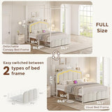 Full Velvet Upholstered LED Canopy Bed Frame with 2 Storage Drawers and Charging Station, Crown Headboard with Bookshelf, Two-Use Princess Platform Bed with 4 Removable Posts,Metal Slats Support-Beige