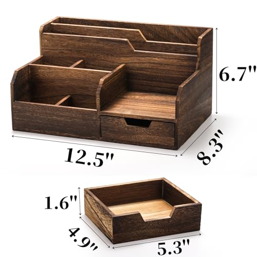 Pumtus Brown Wooden Mail Organizer, Desk Organizer with 7 Compartments and Drawer, Rustic Mail Sorter with Pen Holder, Tabletop Mail Basket, Office Accessories Holder for Pen File Letter Document Pumtus