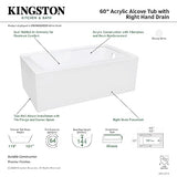 Aqua Eden VTAM6032R22S 60-Inch Acrylic 2-Wall Corner Alcove Tub with Corner Apron, Right Hand Drain Hole, White Kingston Brass