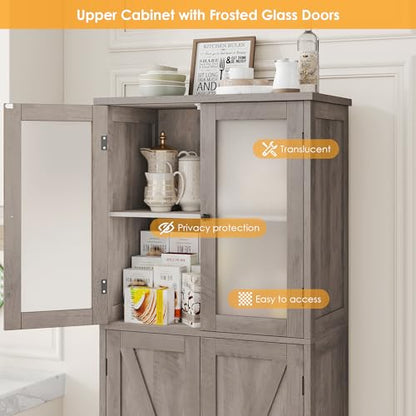 BOTLOG Farmhouse Bathroom Storage Cabinet, 67'' Tall Storage Cabinet with Barn Doors and Shelves, Kitchen Pantry Cabinet for Living Room, Dining Room, Rustic Grey - WoodArtSupply