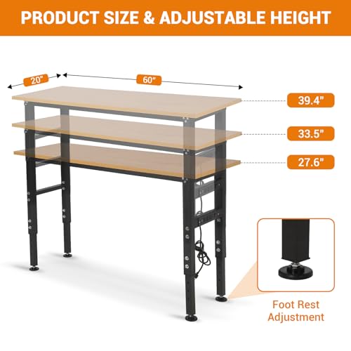 60" Adjustable Workbench with Power Outlet, Heavy Duty 60" x 20" Work Benches with Foot Pads, 2500 LBS Load Capacity Work Bench for Garage, Workshop EliteEdge