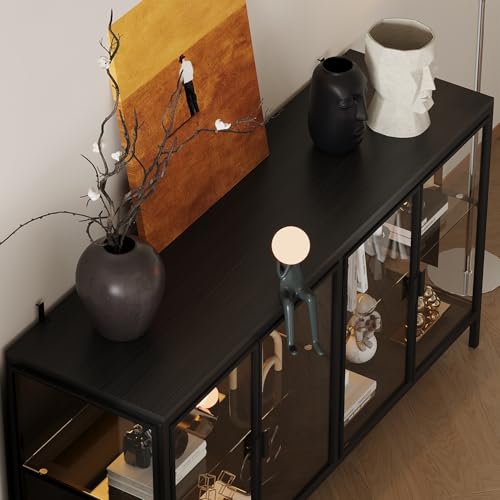 FUNISIR Buffet Cabinet with Storage & LED Light, 55.1" Large Kitchen Sideboard with 4 Glass Doors, Modern Coffee Bar with Metal Frame, Console Table for Living Room, Dining Room, Black FUNISIR