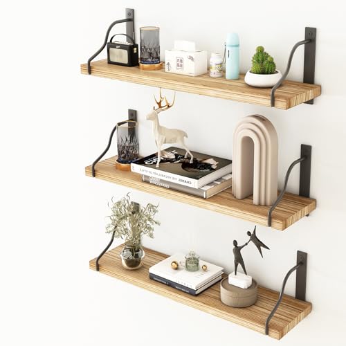 Inforth Wall Shelves, Wood Wall Mounted Shelves for Wall Storage, Floating Shelves for Wall Display with Metal Bracket, Hanging Shelves for Bedroom Kitchen Living Room (Wooden, 17 Inches) - WoodArtSupply