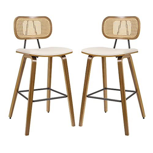 Mid-Century Modern 26" Cream White Bar Stools Set of 2 with Rattan Back Bekrvio