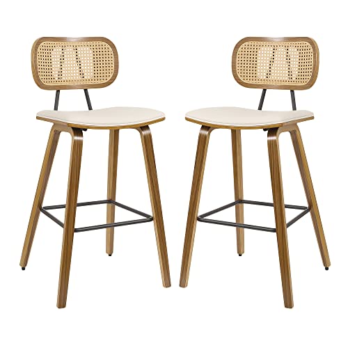 Mid-Century Modern 26" Cream White Bar Stools Set of 2 with Rattan Back