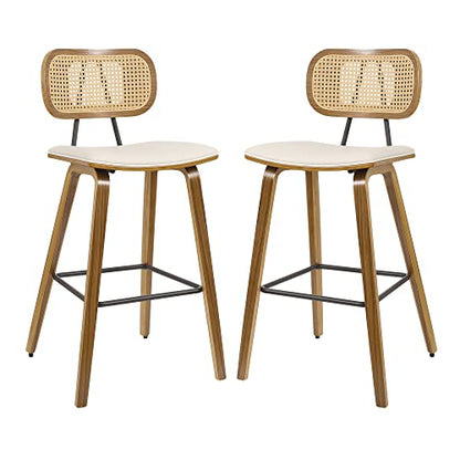 Mid-Century Modern 26" Cream White Bar Stools Set of 2 with Rattan Back