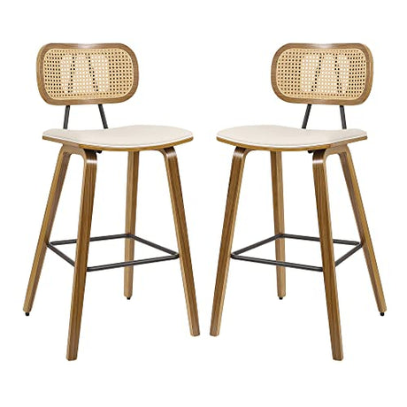 Mid-Century Modern 26" Cream White Bar Stools Set of 2 with Rattan Back Bekrvio