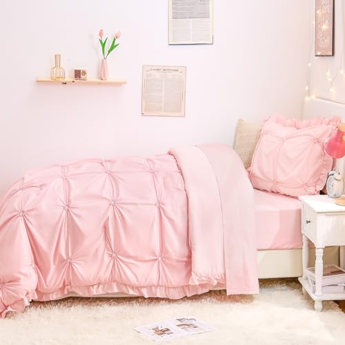 Wowelife Twin Comforter Set for Girls, Boho Pintuck Bedding Comforter Sets, 4 Pieces Ruffles Jacquard Embroidery Twin Bedding Sets with Comforter, Fitted Sheet, Flat Sheet and Pillowcase, Pink Wowelife