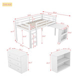 KEIKI Twin Loft Bed with Pull-Out Desk, Drawers & Open Shelves, Wooden Bed Frame with Guardrail, Low Design for Kids, White KEIKI